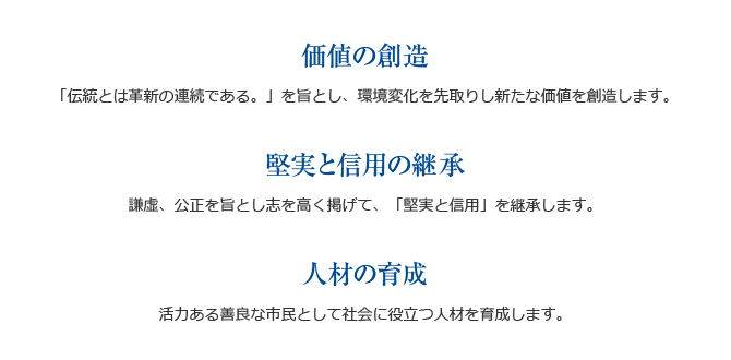 1.価値の創造、2.堅実と信用の継承、3.人材の育成